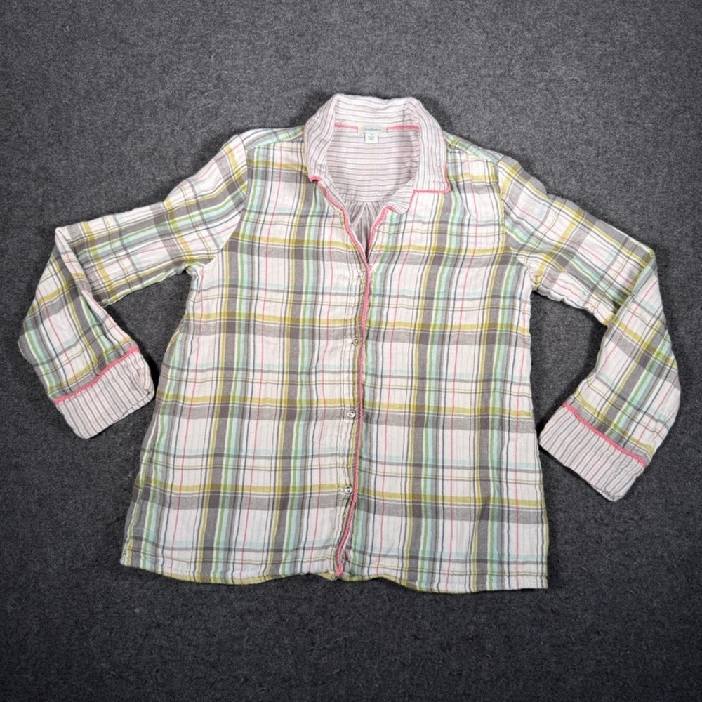 Sundance Flannel Plaid Pajama Top Womens Button‎ Cotton M Pink Green White Grey